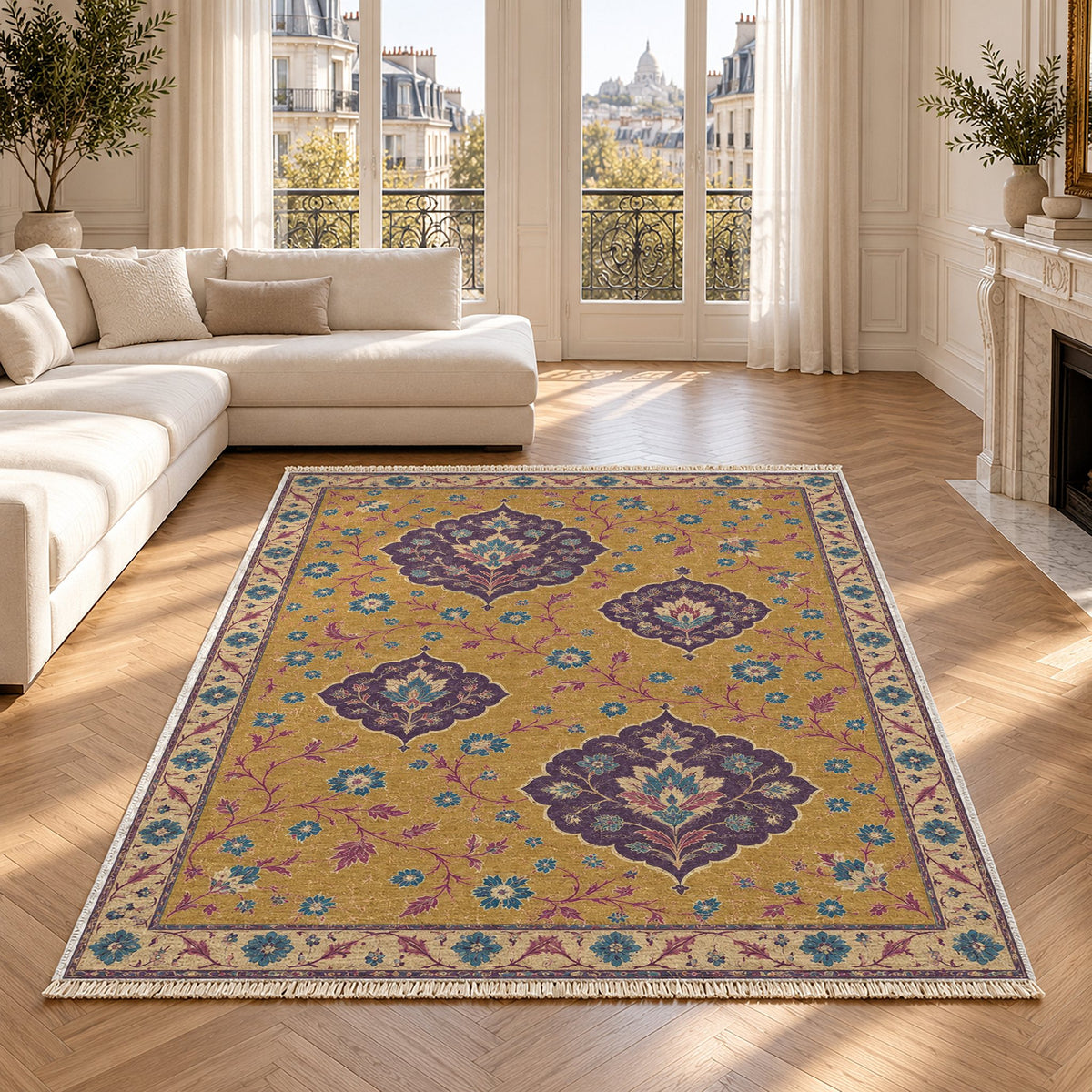 Floating Blossom Shields Golden, Plum & Azure washable rug in a Paris living room