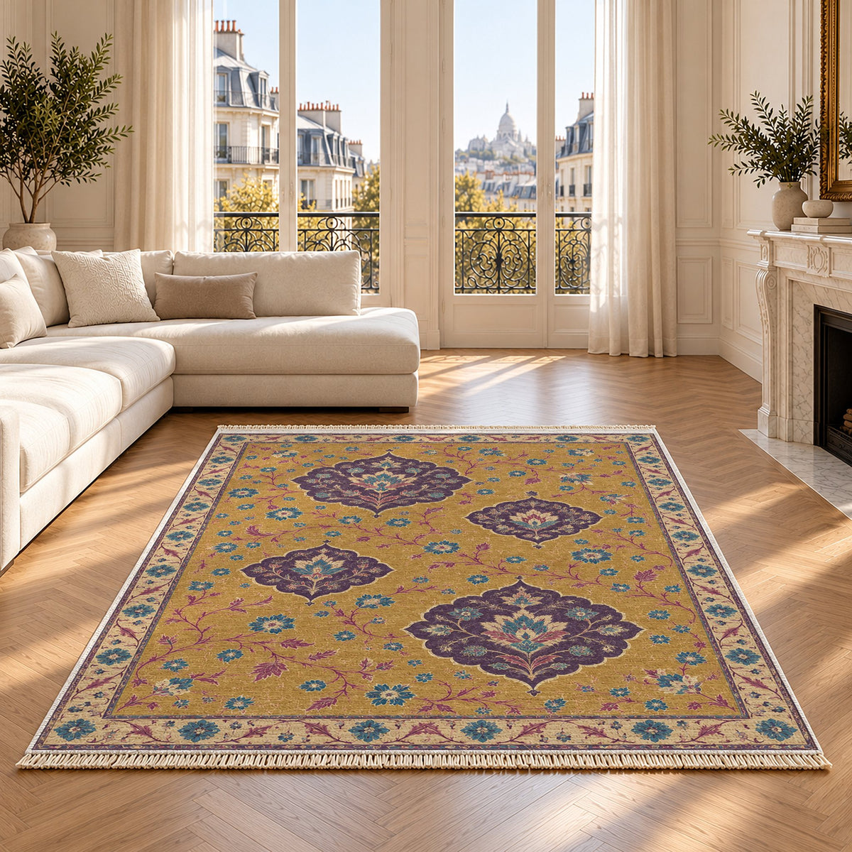 Floating Blossom Shields Golden, Plum & Azure washable rug on an oak floor