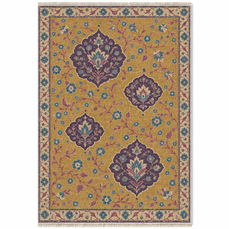 Floating Blossom Shields Golden, Plum & Azure Distressed Washable Rug
