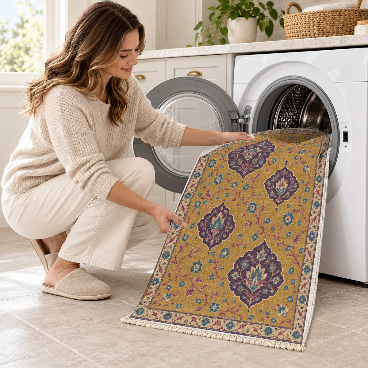 Floating Blossom Shields Golden, Plum & Azure washable rug being loaded into a washing machine