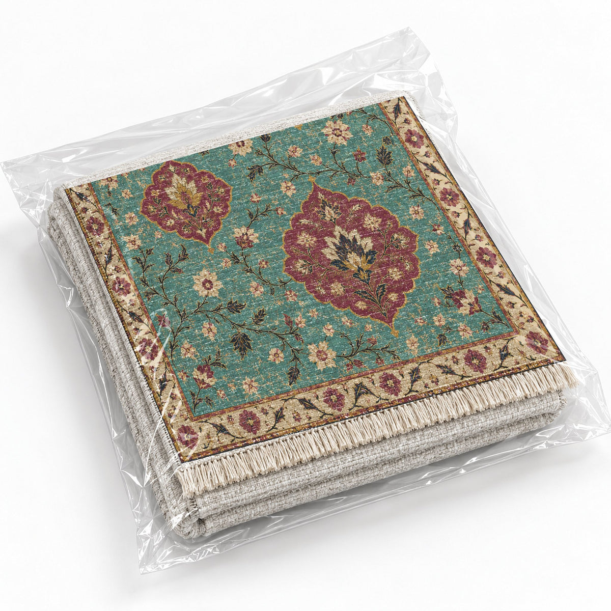 Floating Blossom Shields Lagoon & Berry washable rug rolled and packaged