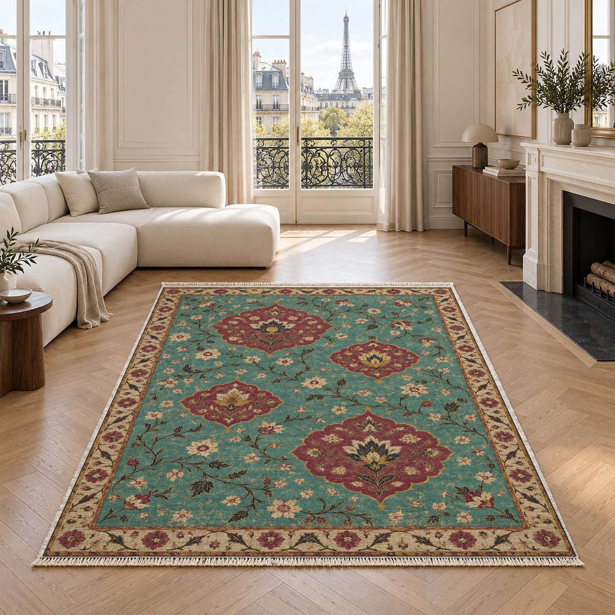Floating Blossom Shields Lagoon & Berry washable rug in a living room with an Eiffel Tower view