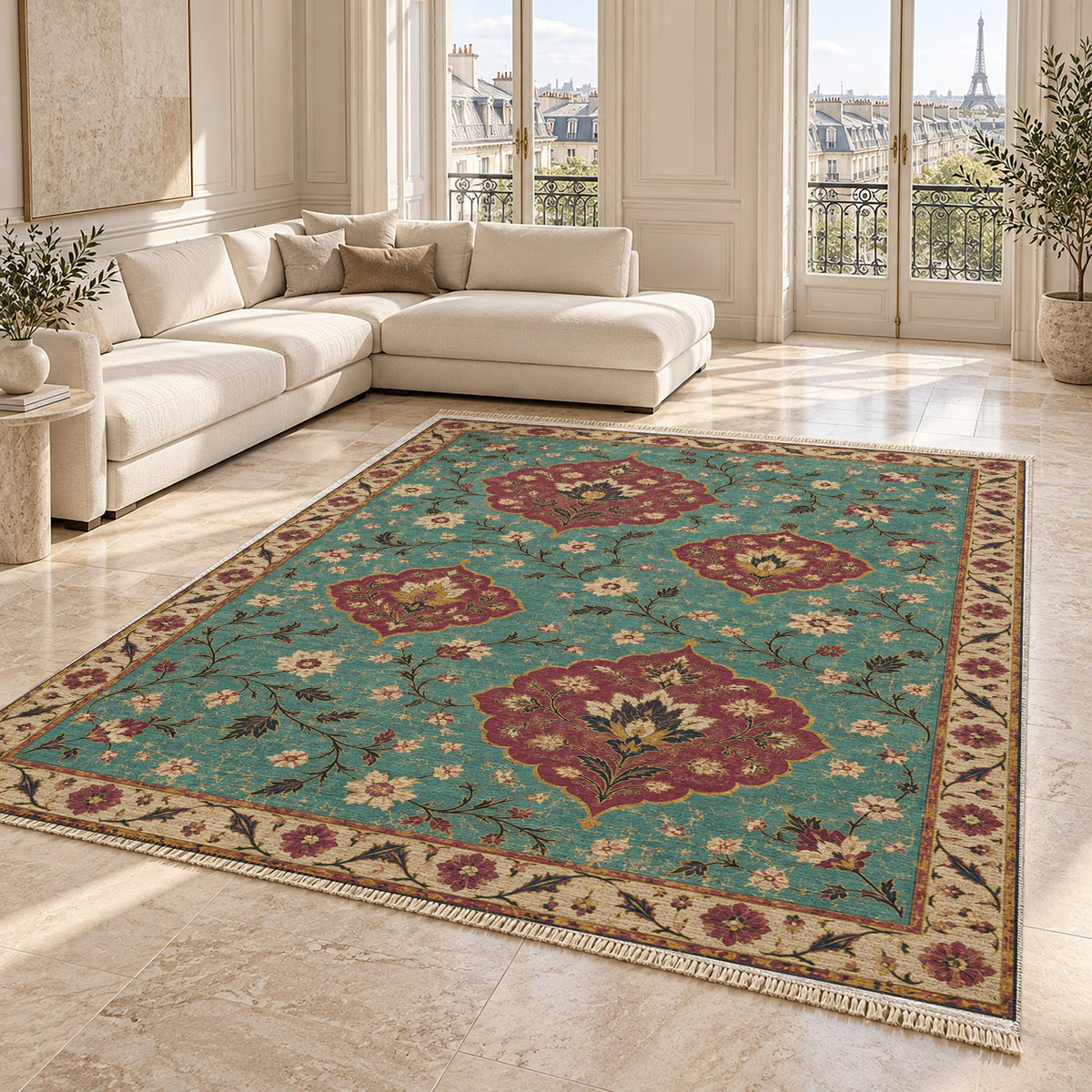 Floating Blossom Shields Lagoon & Berry washable rug angled room view on marble