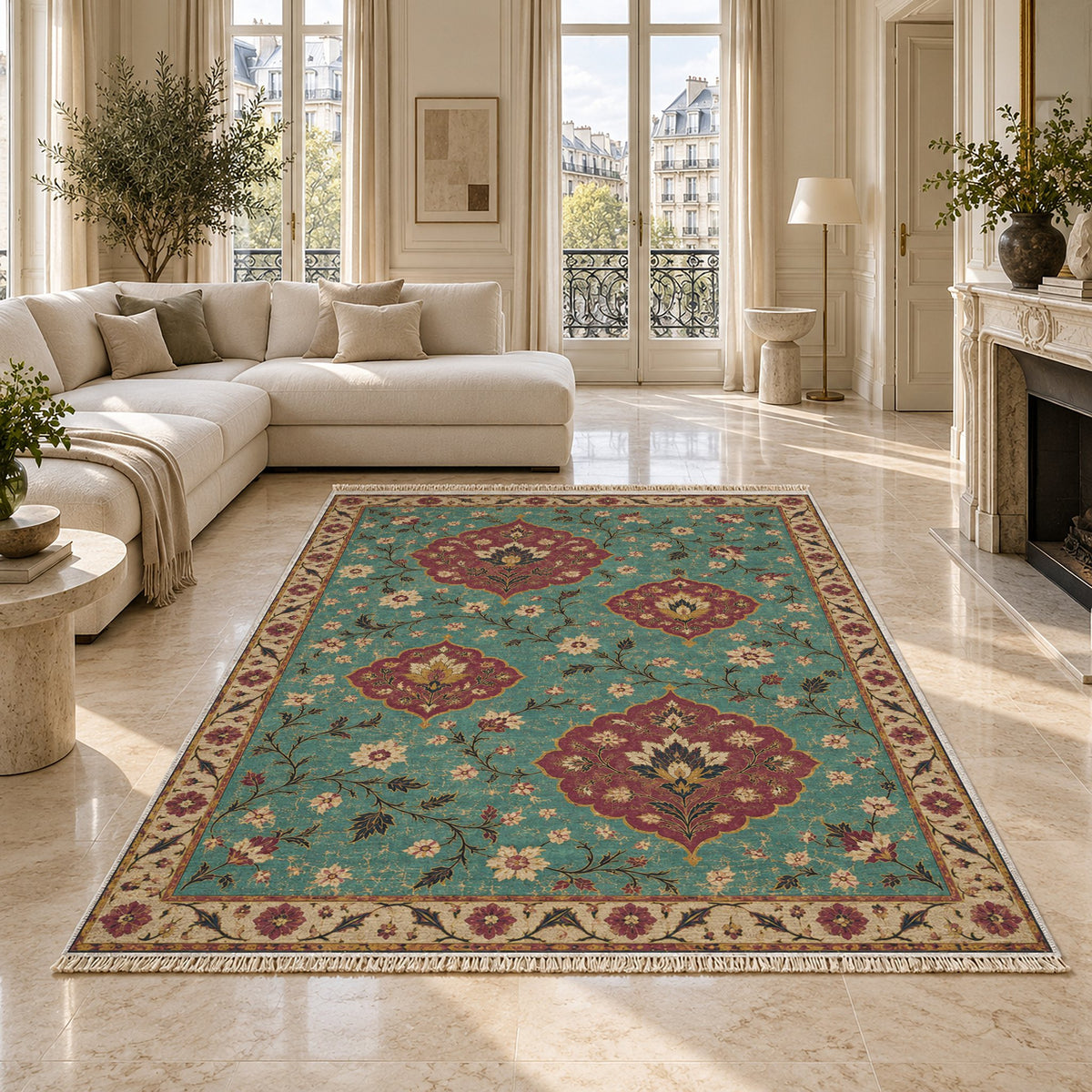 Floating Blossom Shields Lagoon & Berry washable rug on a marble floor