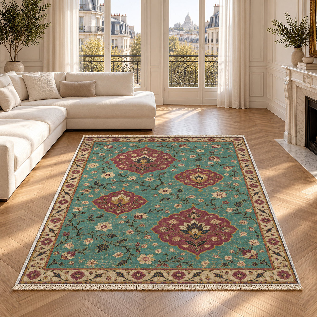 Floating Blossom Shields Lagoon & Berry washable rug in a Paris living room