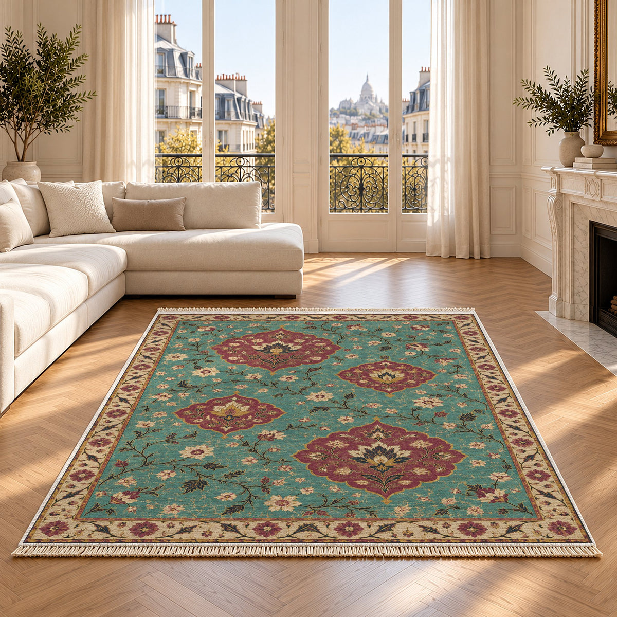 Floating Blossom Shields Lagoon & Berry washable rug on an oak floor