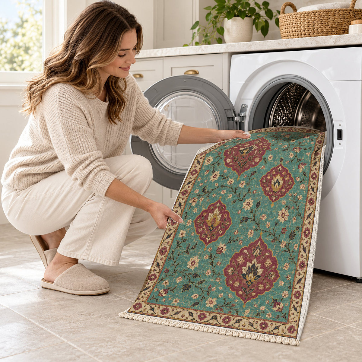 Floating Blossom Shields Lagoon & Berry washable rug being loaded into a washing machine