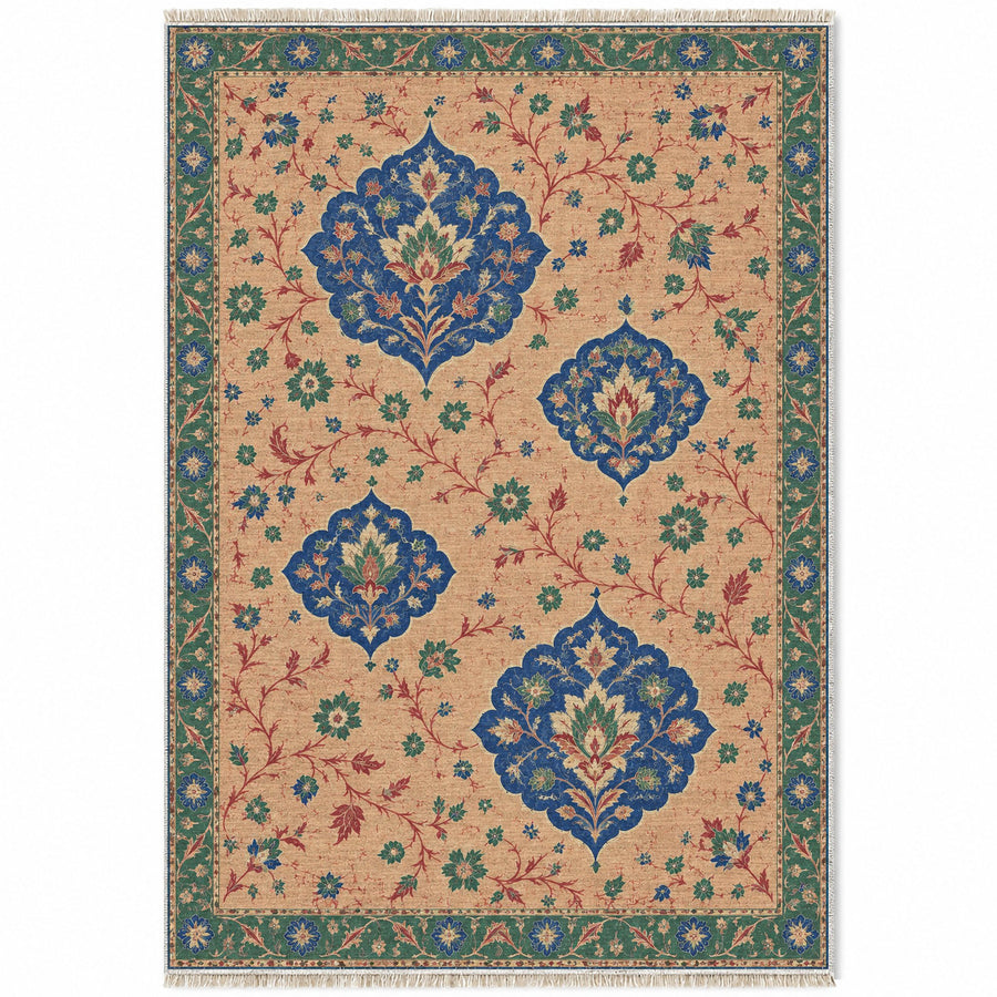 Floating Blossom Shields Peach, Cobalt & Jade Distressed Washable Rug