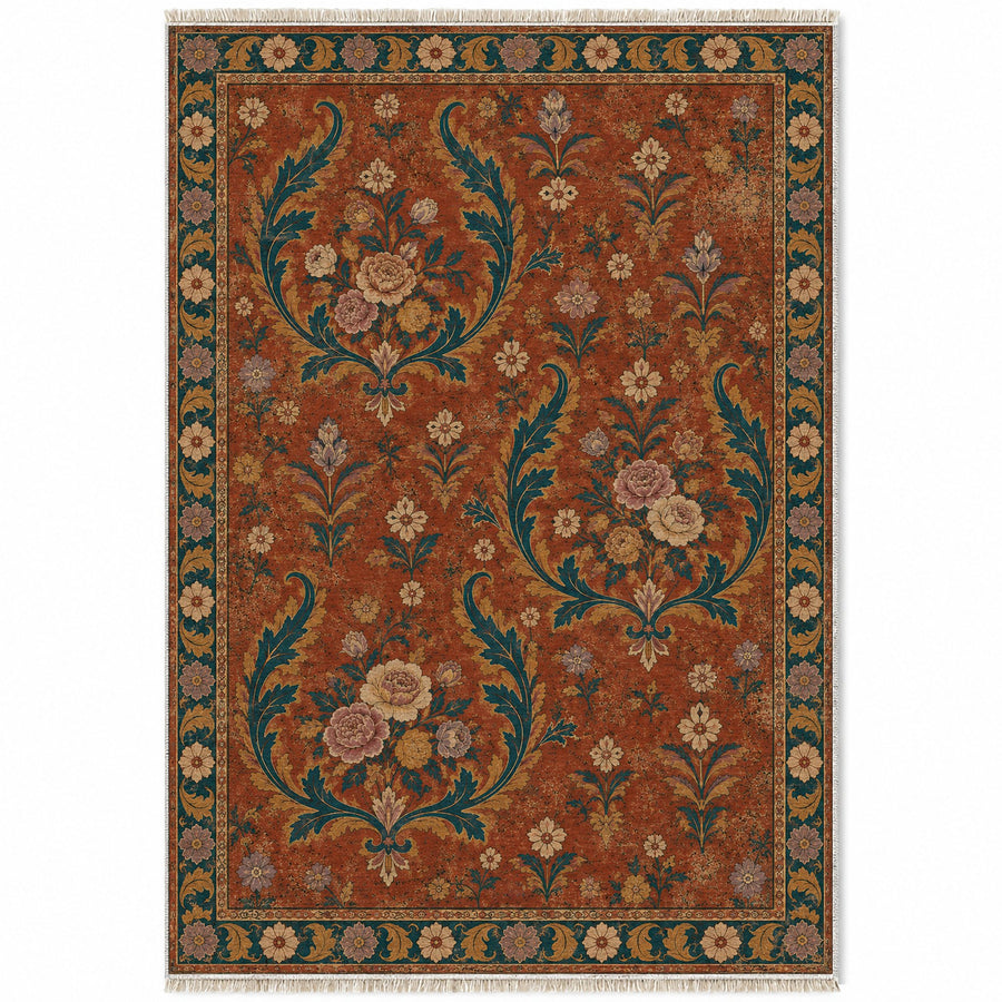 Floral Horn Crescents Brick & Petrol Distressed Washable Rug