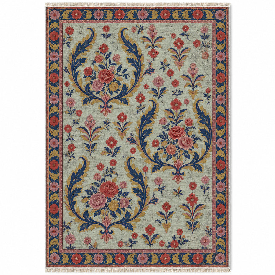 Floral Horn Crescents Glacier, Ink & Vermilion Distressed Washable Rug
