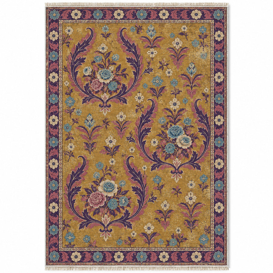 Floral Horn Crescents Golden, Plum & Azure Distressed Washable Rug