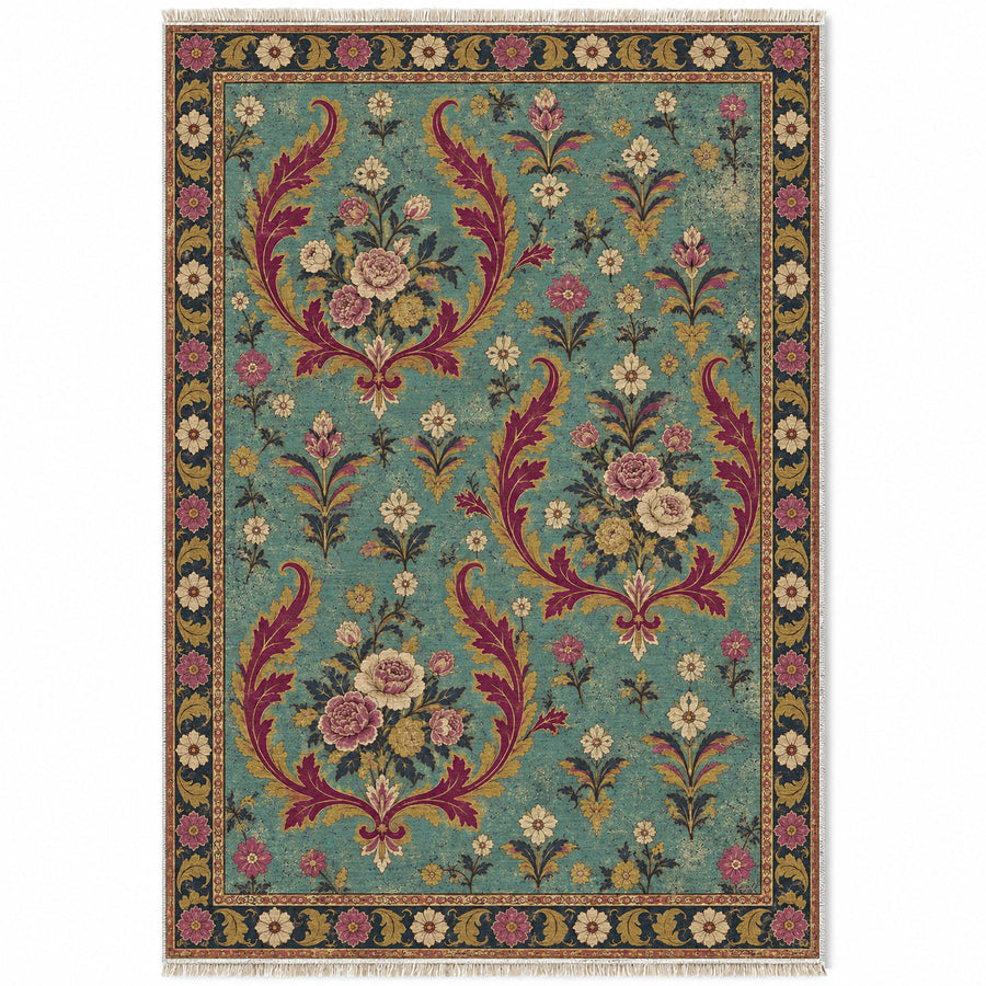 Floral Horn Crescents Lagoon & Berry Distressed Washable Rug