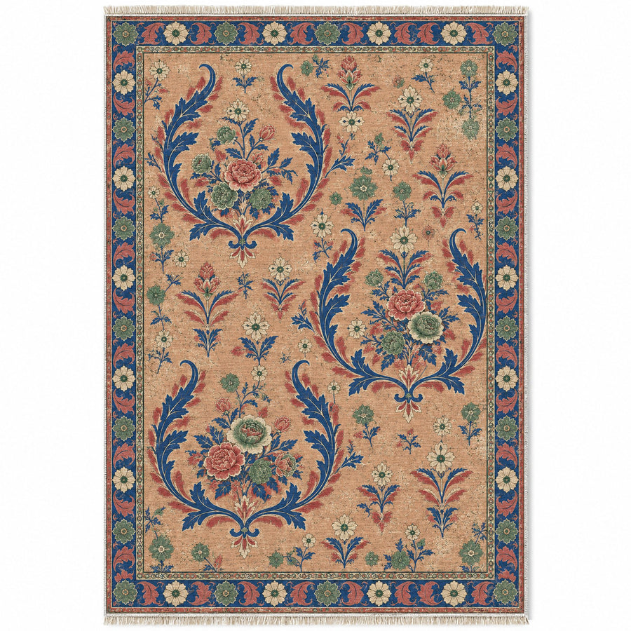 Floral Horn Crescents Peach, Cobalt & Jade Distressed Washable Rug