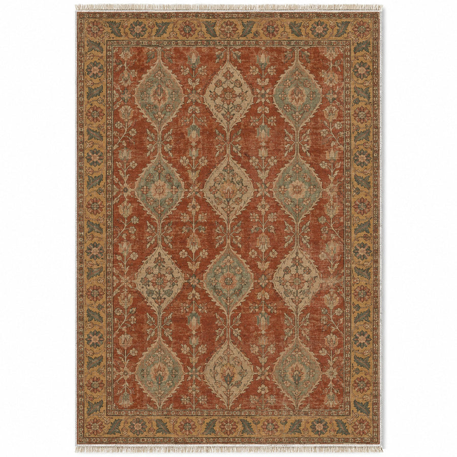 Floral Lozenge Brown Caucasian Washable Rug