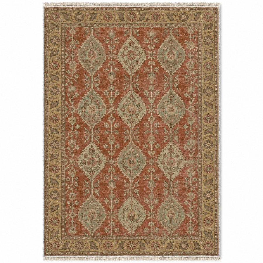 Floral Lozenge Clay & Sage Caucasian Washable Rug