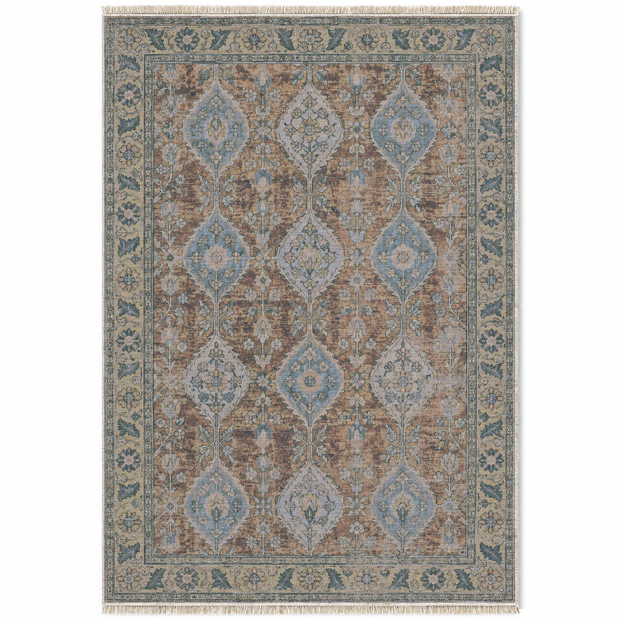 Floral Lozenge Mineral Blue Caucasian Washable Rug