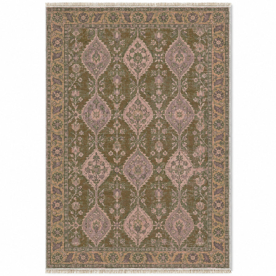 Floral Lozenge Rose & Olive Caucasian Washable Rug