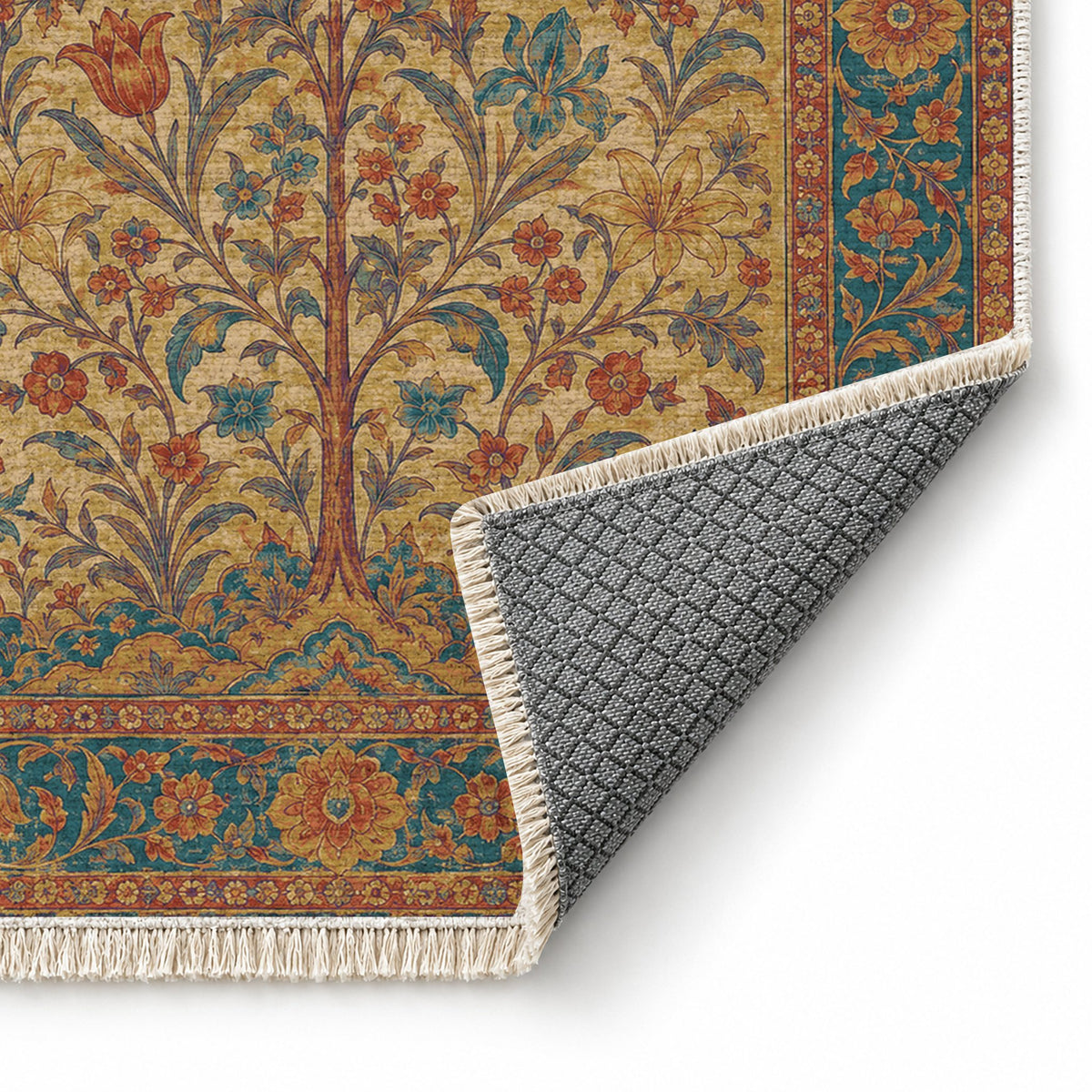 Flowering Arch Peacock & Ochre washable rug folded corner showing the backing