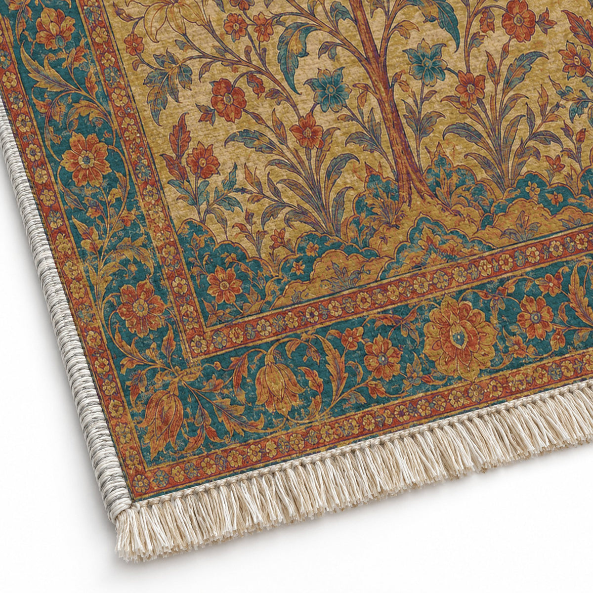 Flowering Arch Peacock & Ochre washable rug close-up of the printed chenille