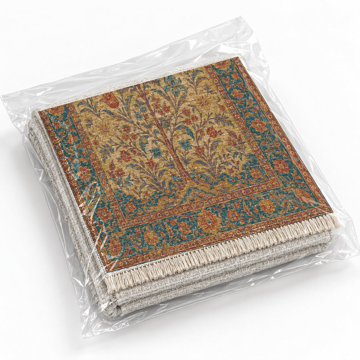 Flowering Arch Peacock & Ochre washable rug rolled and packaged