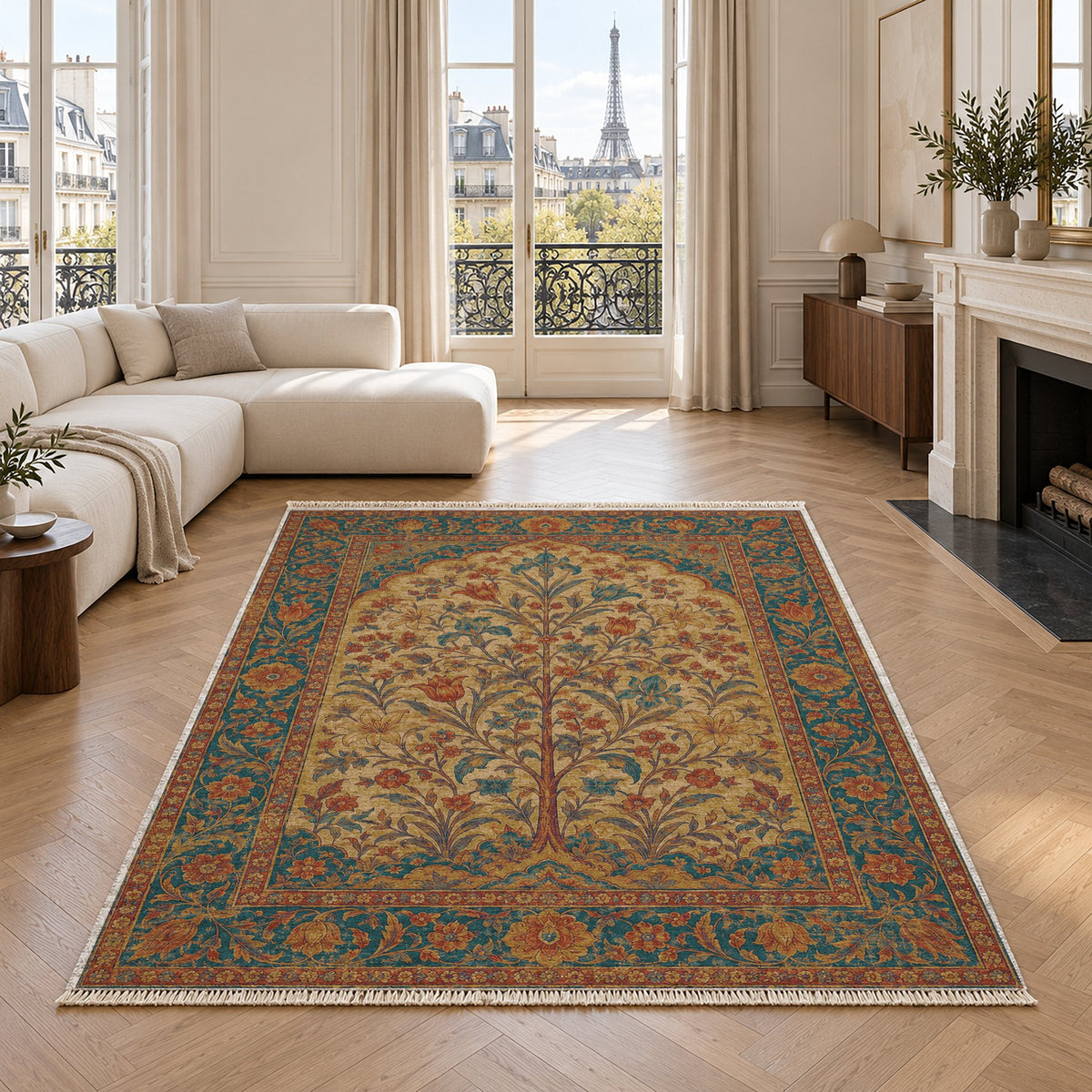 Flowering Arch Peacock & Ochre washable rug in a living room with an Eiffel Tower view