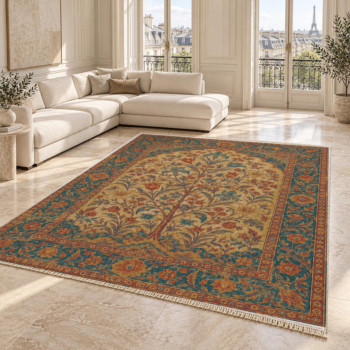 Flowering Arch Peacock & Ochre washable rug angled room view on marble