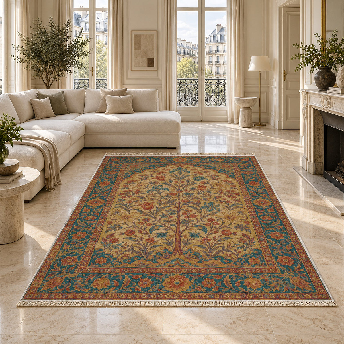 Flowering Arch Peacock & Ochre washable rug on a marble floor