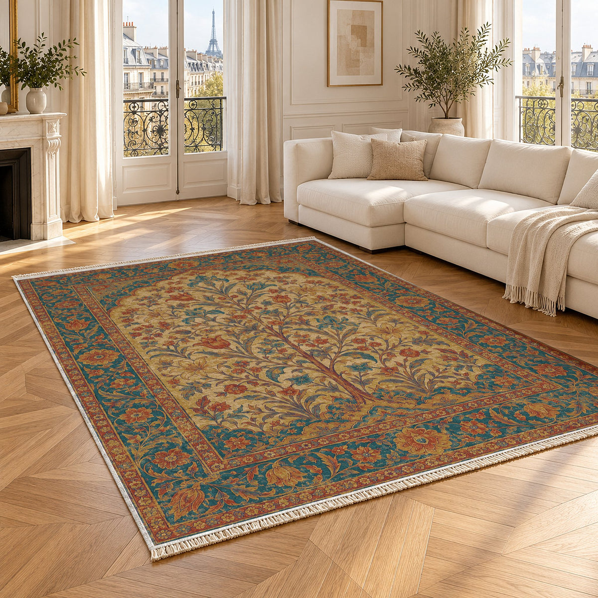Flowering Arch Peacock & Ochre washable rug angled room view