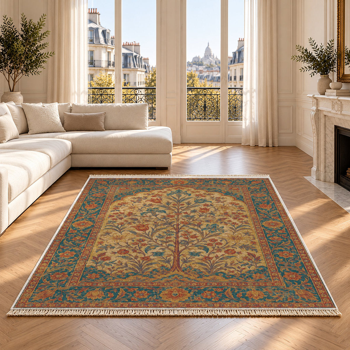 Flowering Arch Peacock & Ochre washable rug on an oak floor