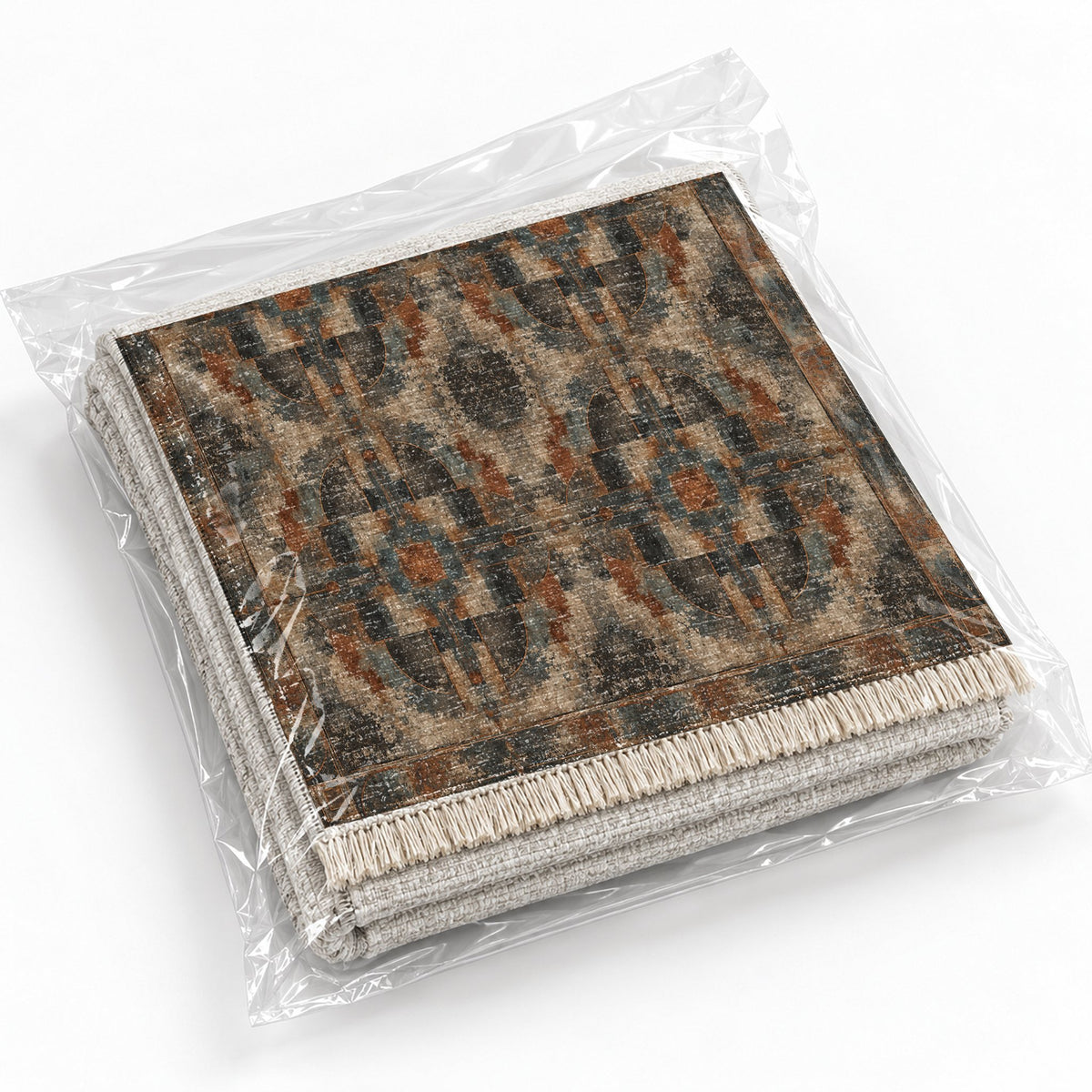 Foundry Patina Brown & Black washable rug rolled and packaged