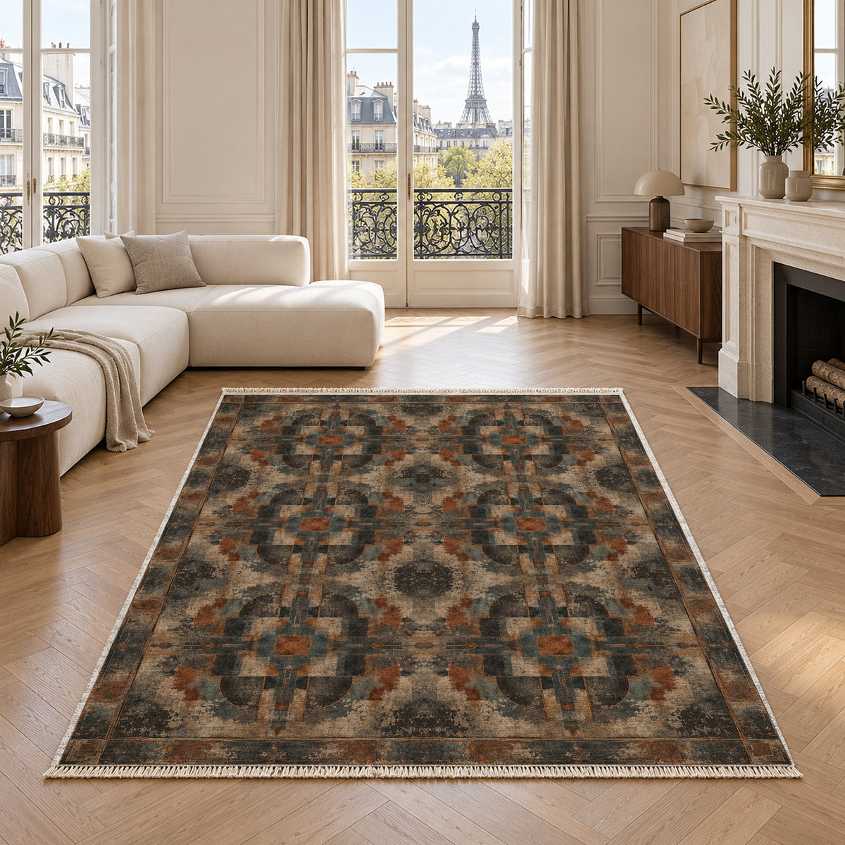Foundry Patina Brown & Black washable rug in a living room with an Eiffel Tower view