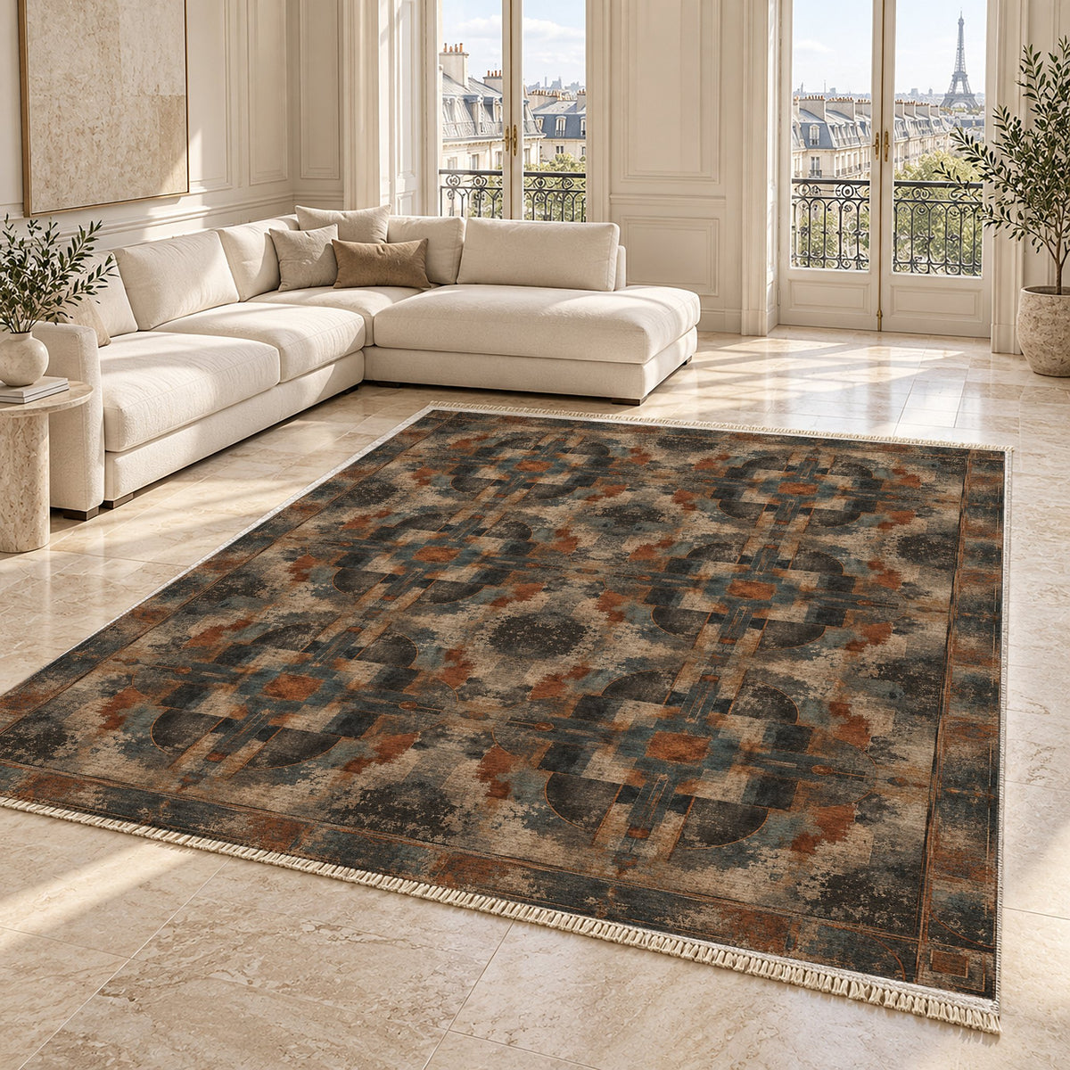 Foundry Patina Brown & Black washable rug angled room view on marble