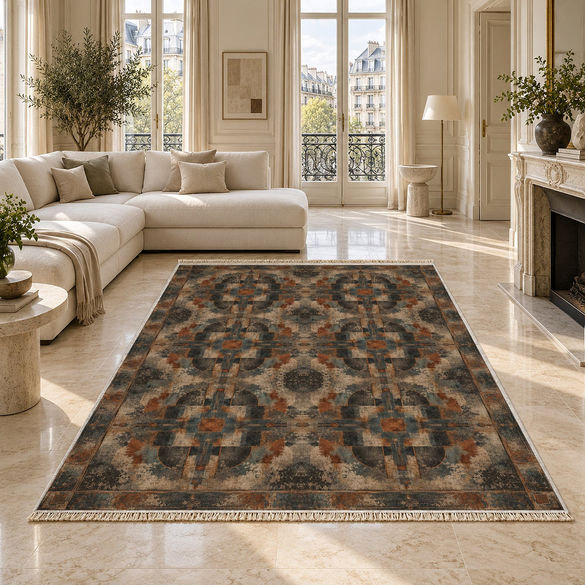 Foundry Patina Brown & Black washable rug on a marble floor