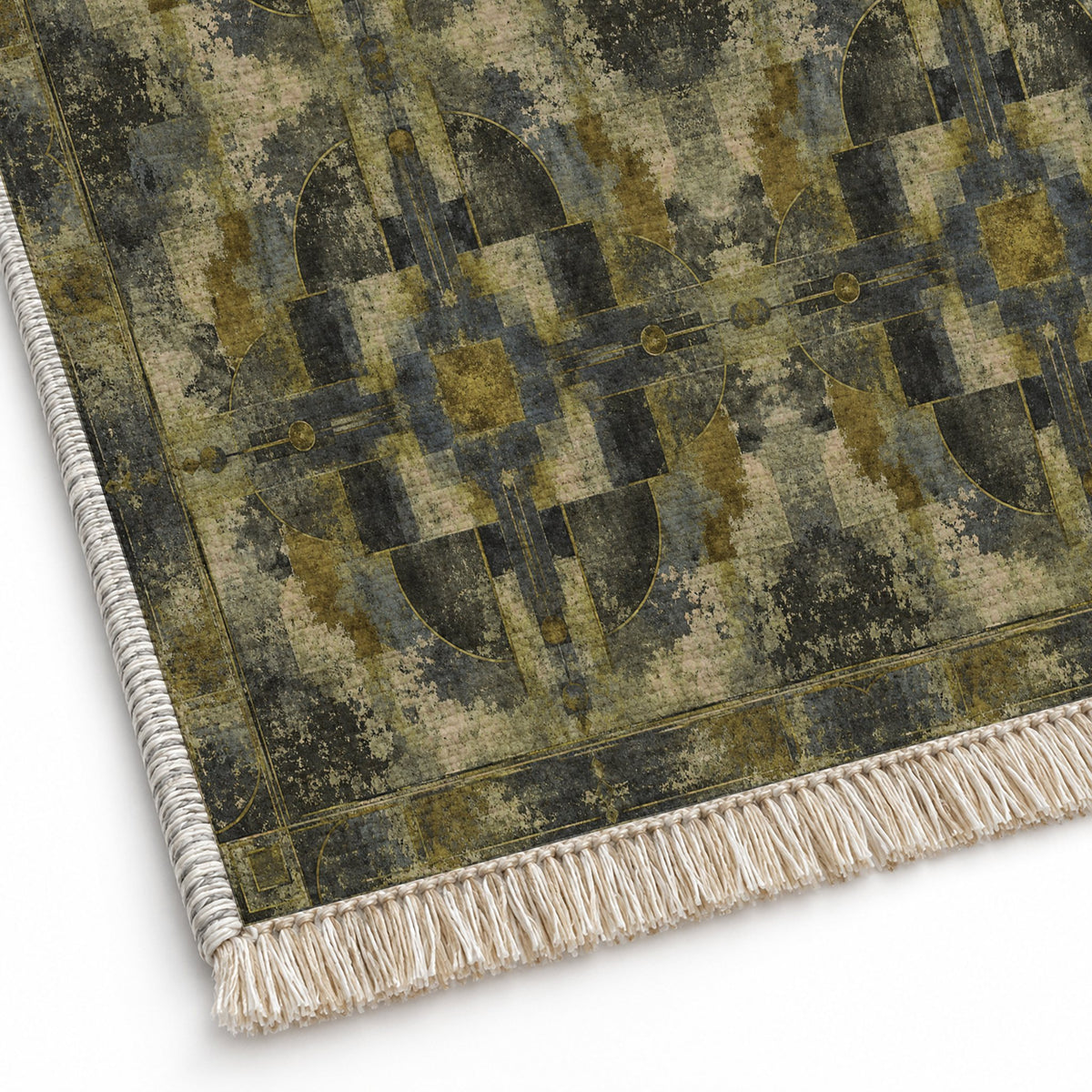 Foundry Patina Olive & Ochre washable rug close-up of the printed chenille