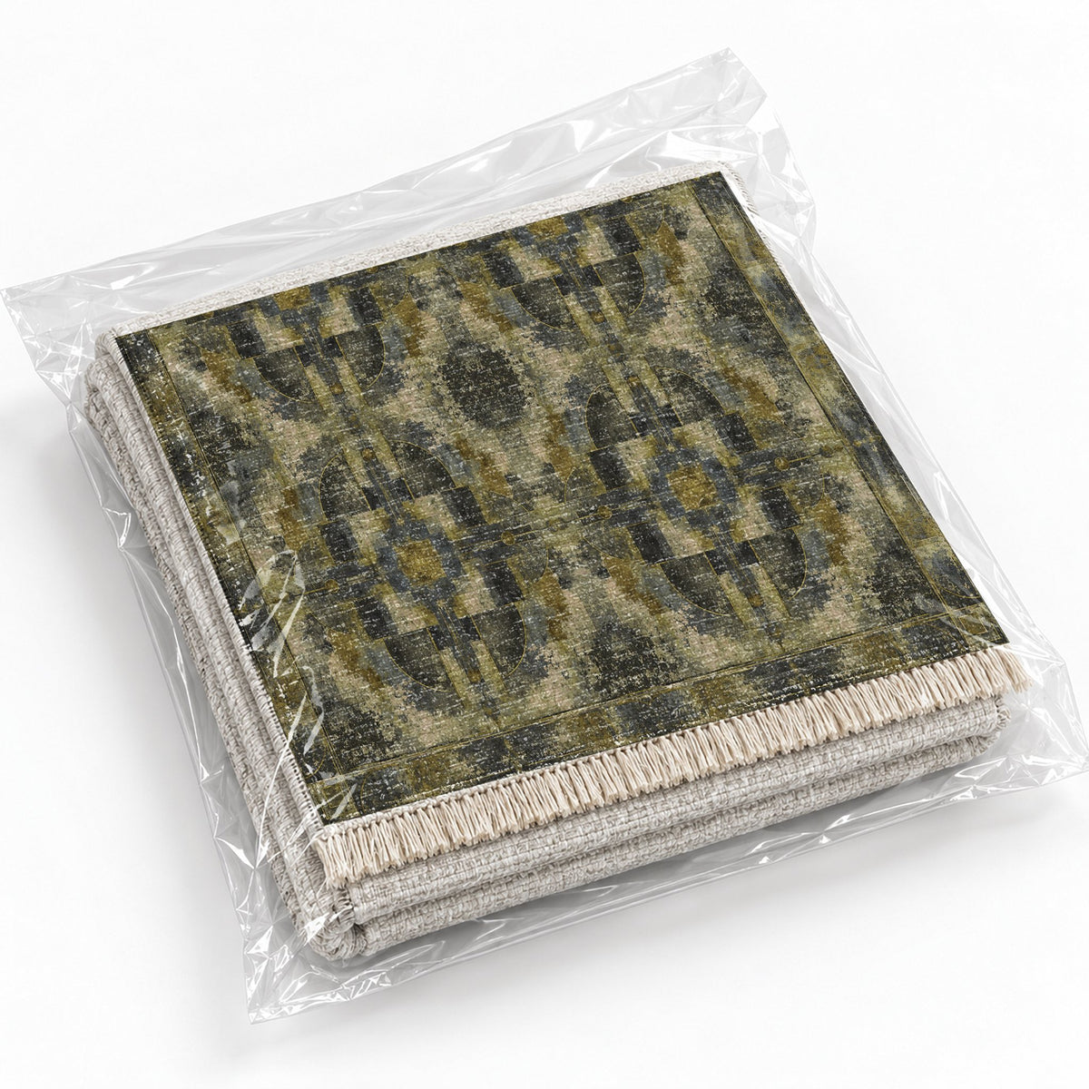 Foundry Patina Olive & Ochre washable rug rolled and packaged