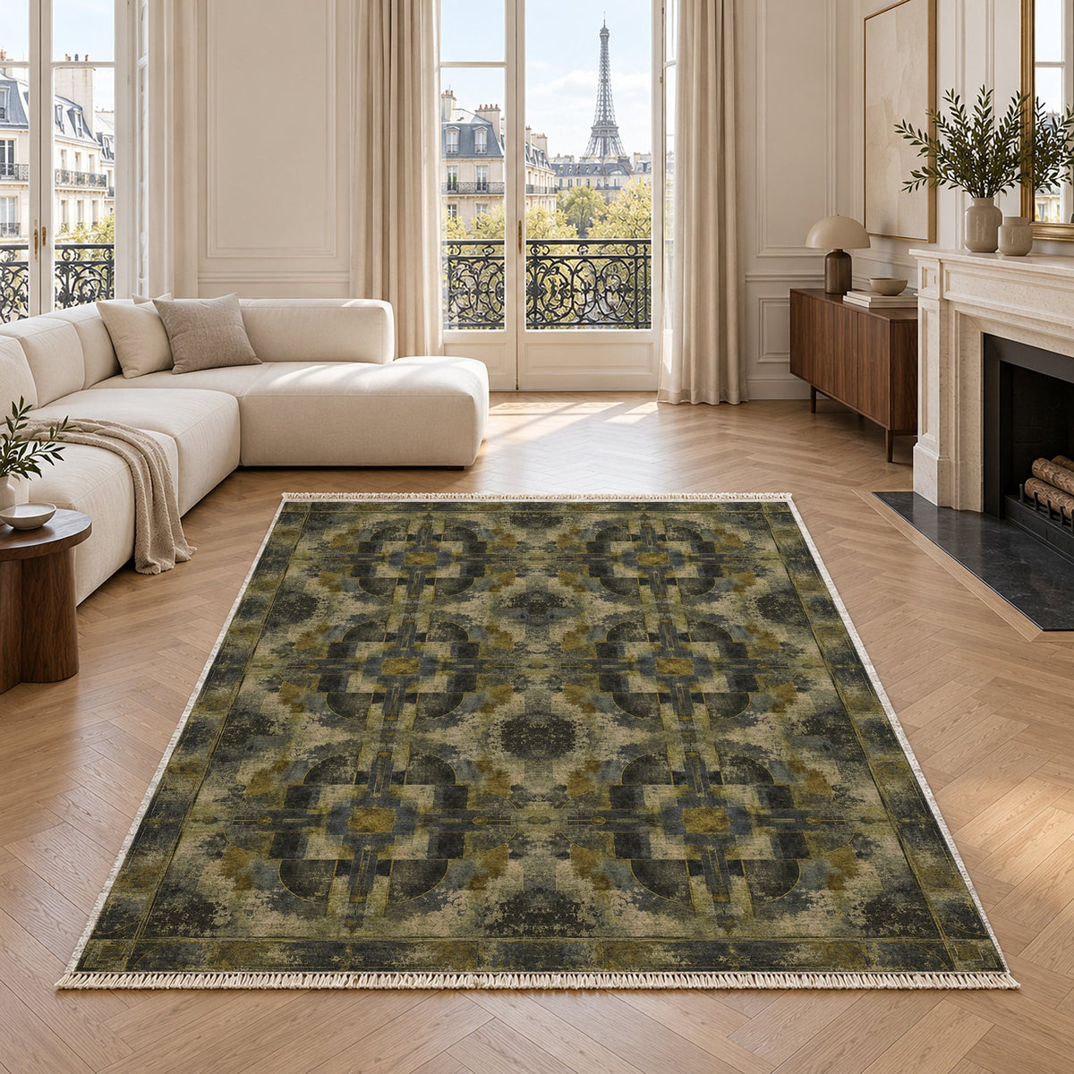 Foundry Patina Olive & Ochre washable rug in a living room with an Eiffel Tower view