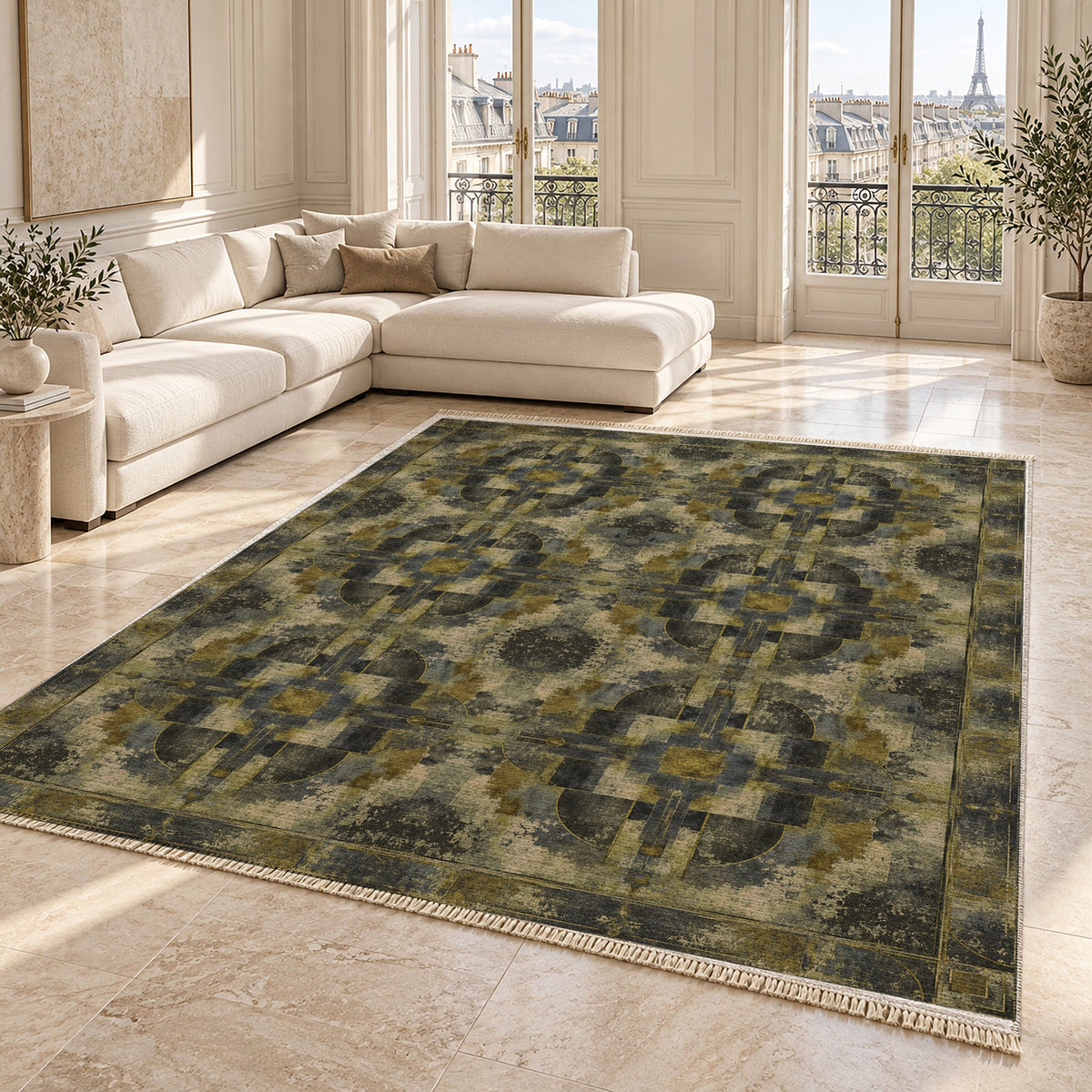 Foundry Patina Olive & Ochre washable rug angled room view on marble