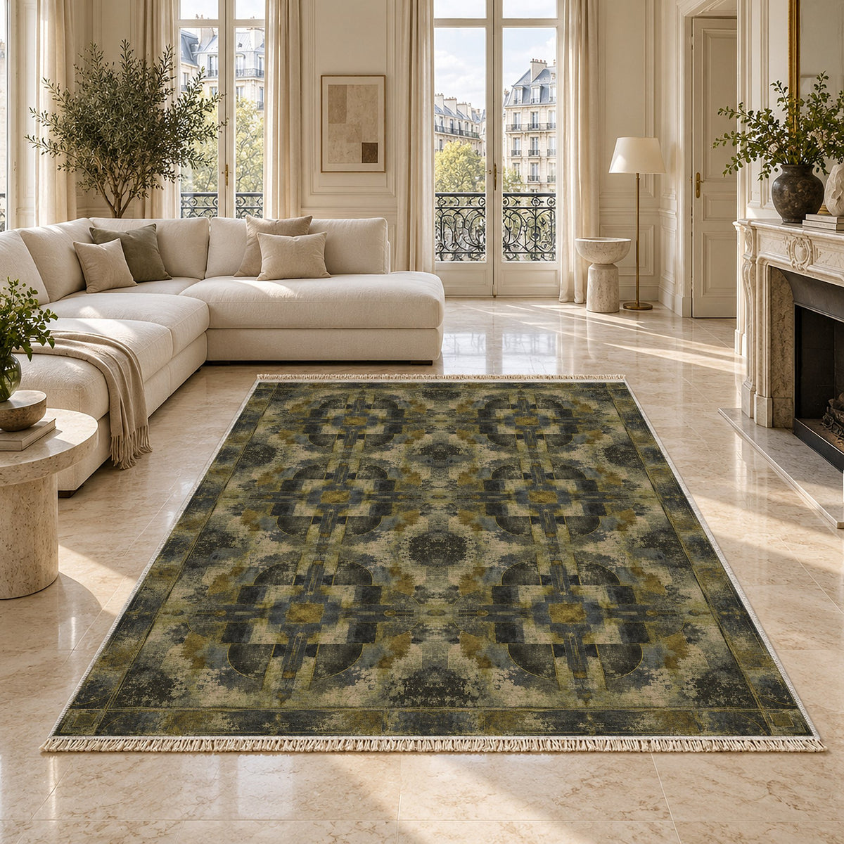 Foundry Patina Olive & Ochre washable rug on a marble floor