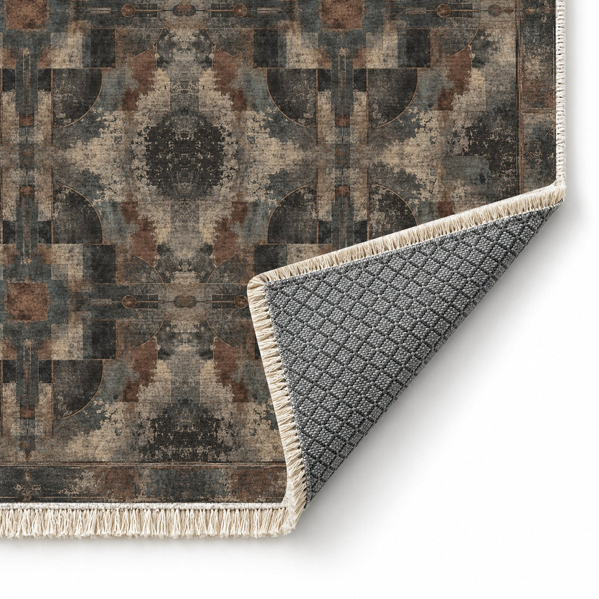 Foundry Patina Quiet Neutral washable rug folded corner showing the backing