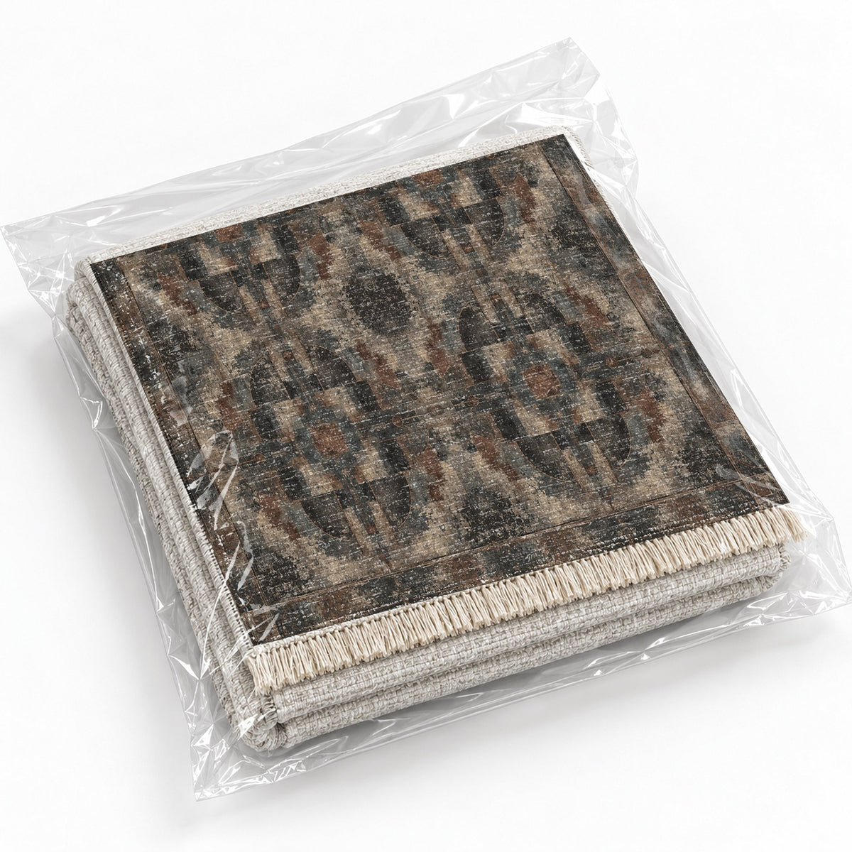 Foundry Patina Quiet Neutral washable rug rolled and packaged