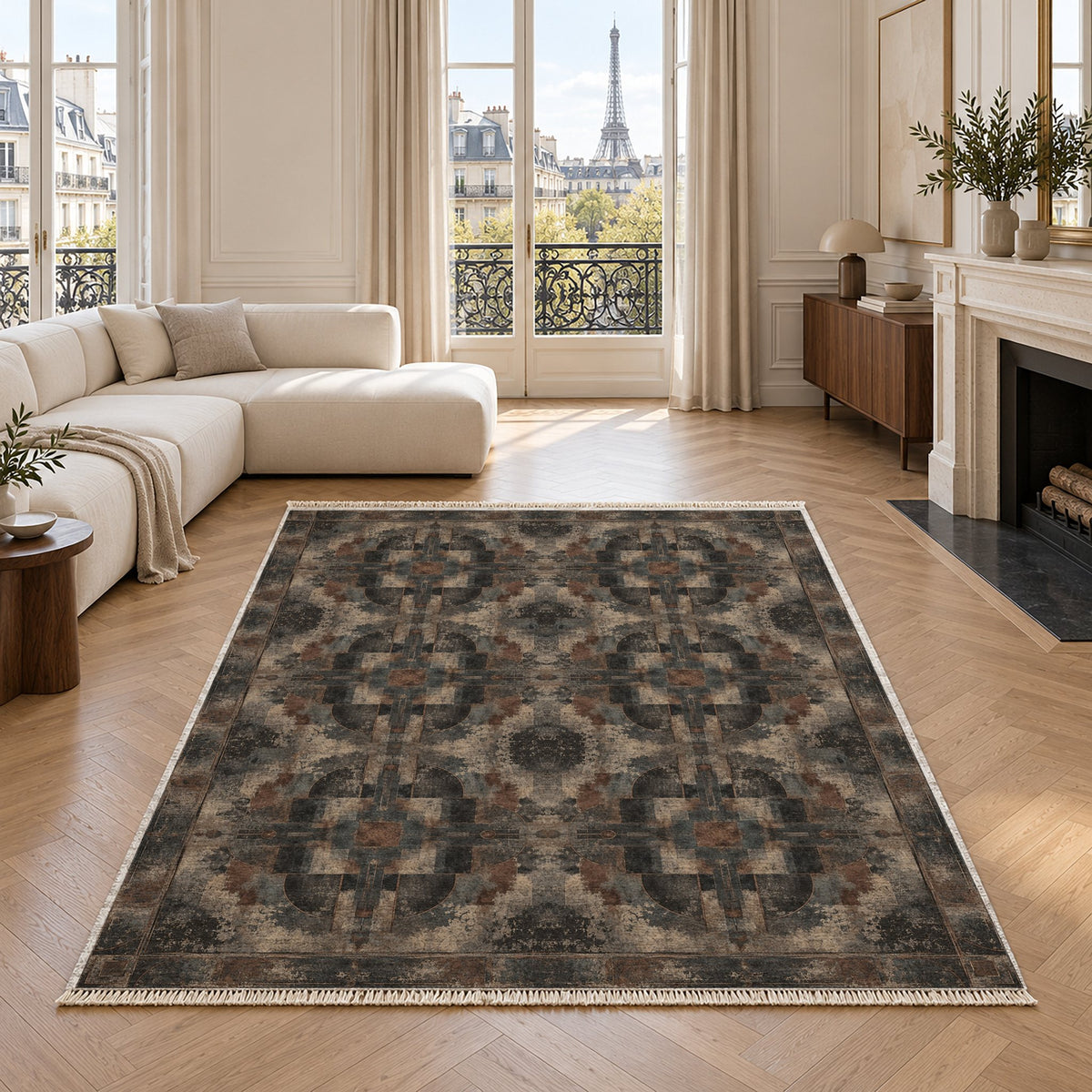 Foundry Patina Quiet Neutral washable rug in a living room with an Eiffel Tower view