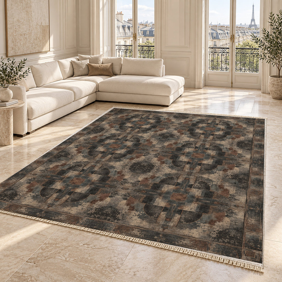 Foundry Patina Quiet Neutral washable rug angled room view on marble