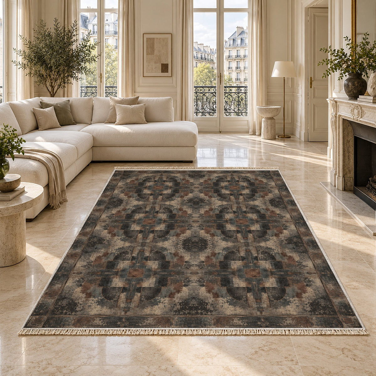 Foundry Patina Quiet Neutral washable rug on a marble floor