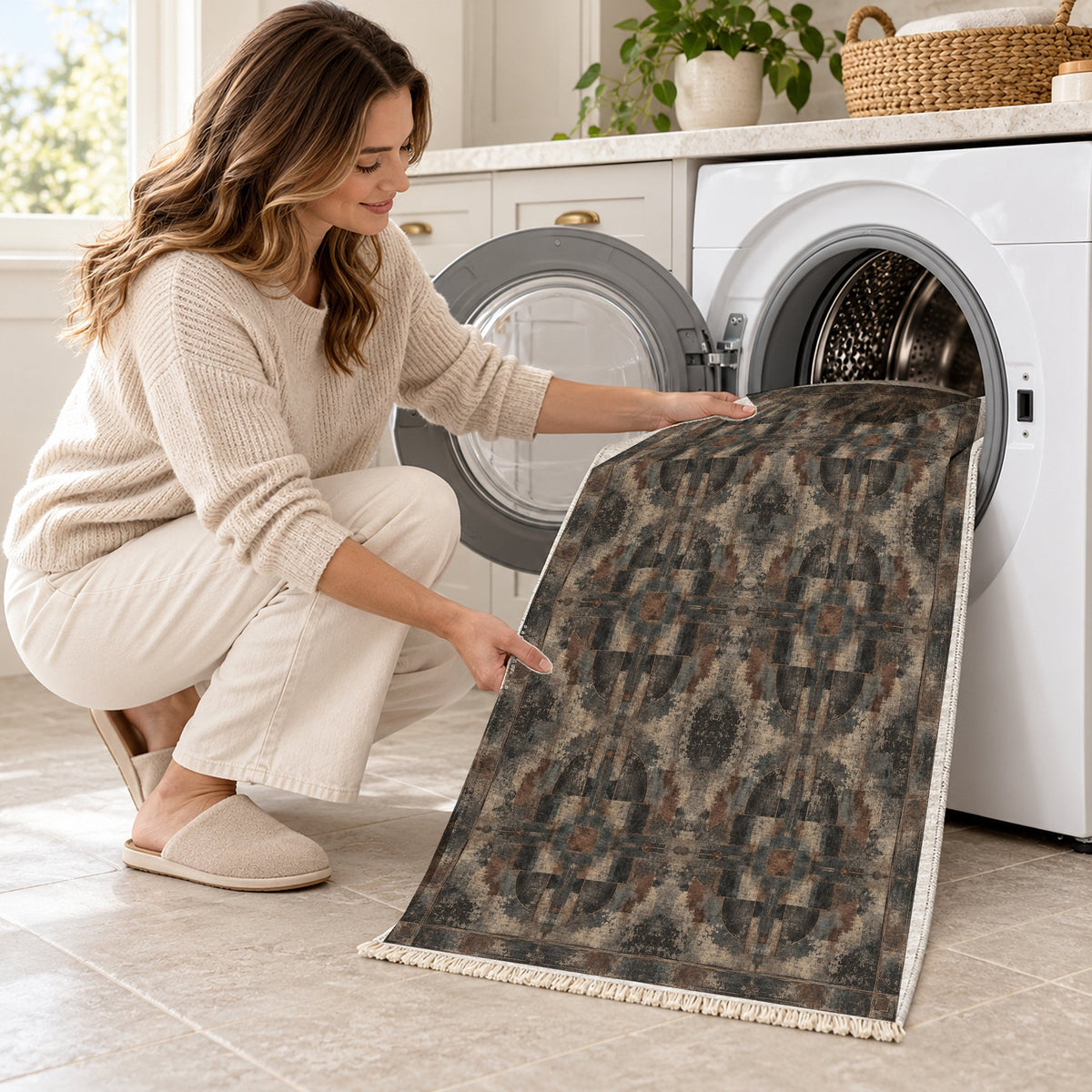 Foundry Patina Quiet Neutral washable rug being loaded into a washing machine