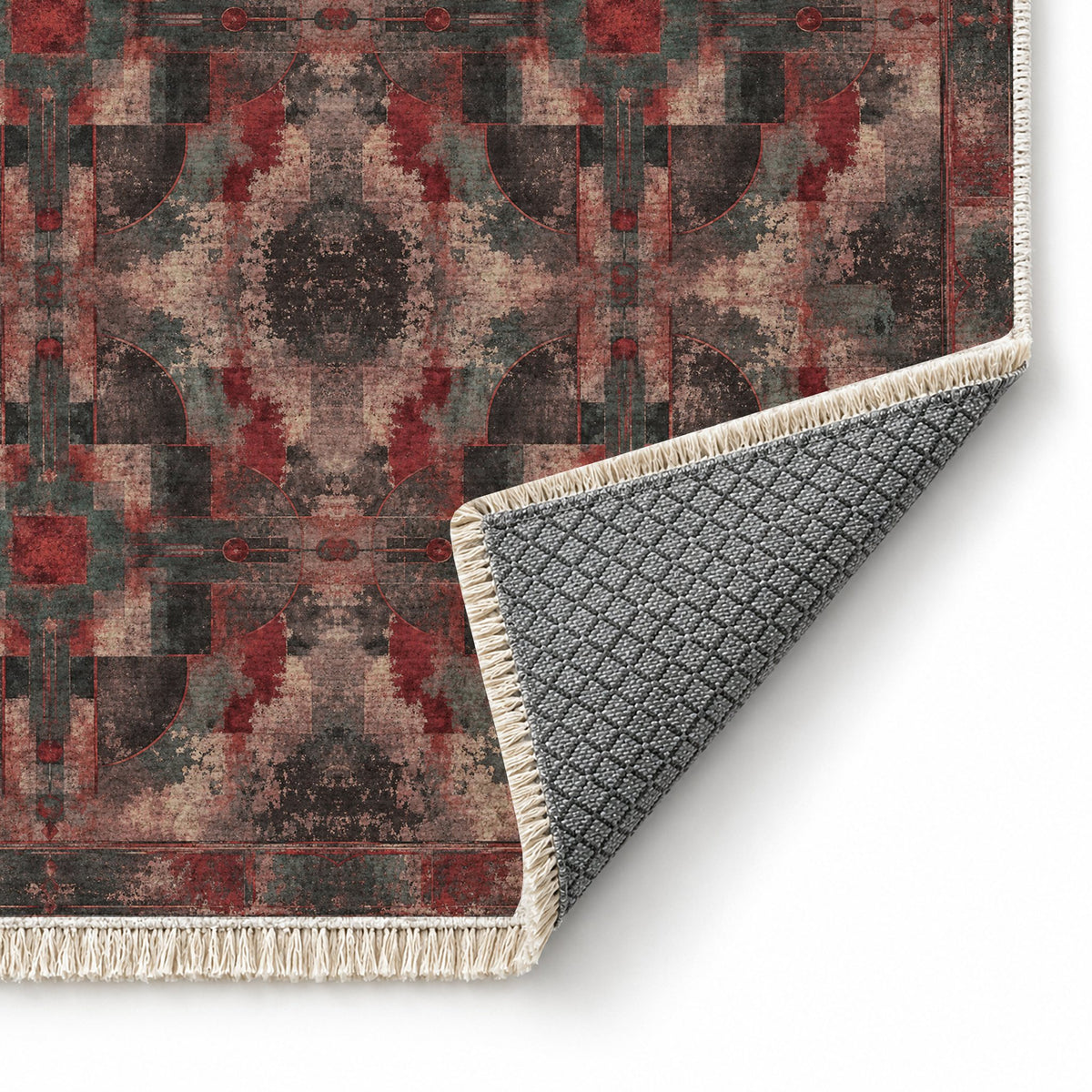 Foundry Patina Rose & Mineral washable rug folded corner showing the backing