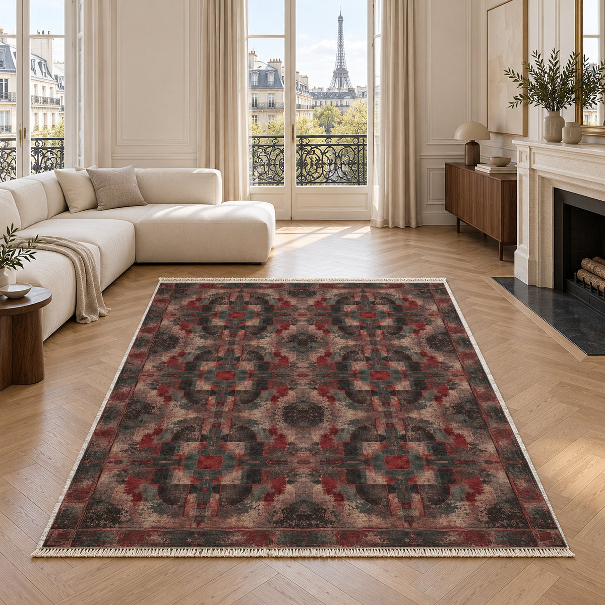 Foundry Patina Rose & Mineral washable rug in a living room with an Eiffel Tower view