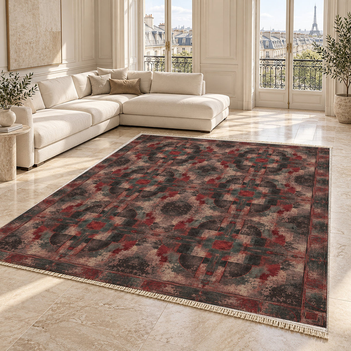 Foundry Patina Rose & Mineral washable rug angled room view on marble