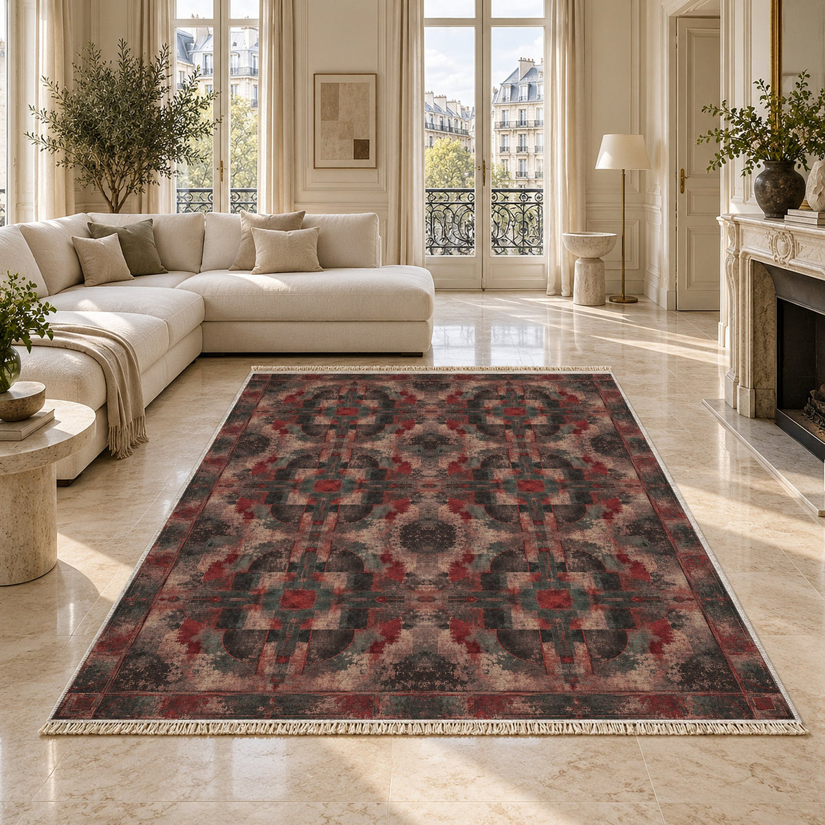 Foundry Patina Rose & Mineral washable rug on a marble floor