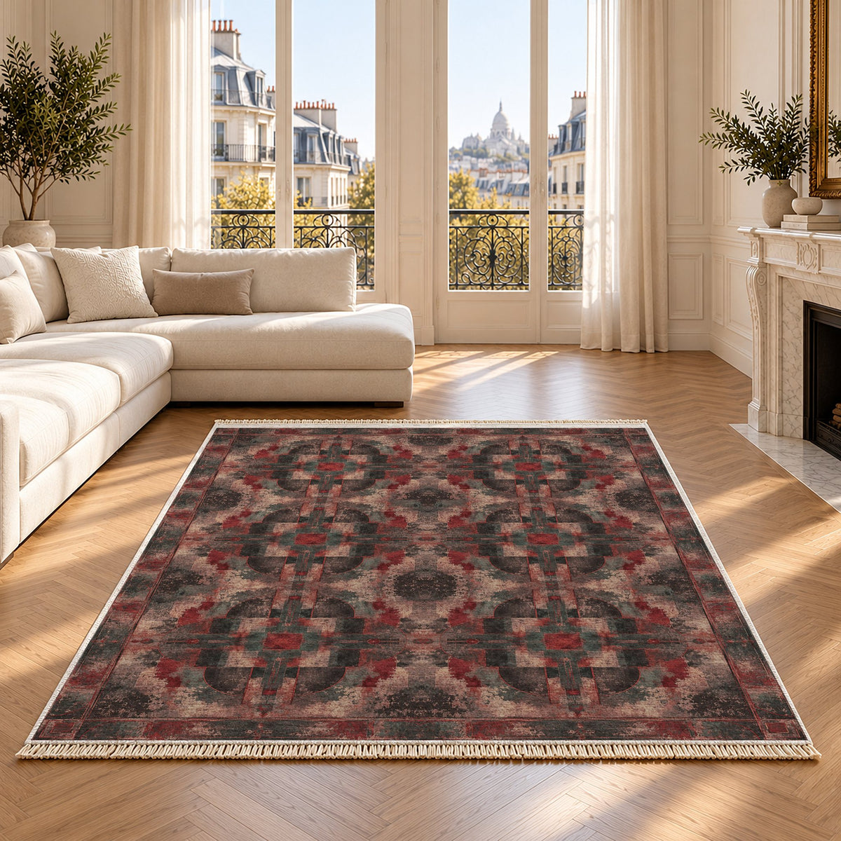 Foundry Patina Rose & Mineral washable rug on an oak floor