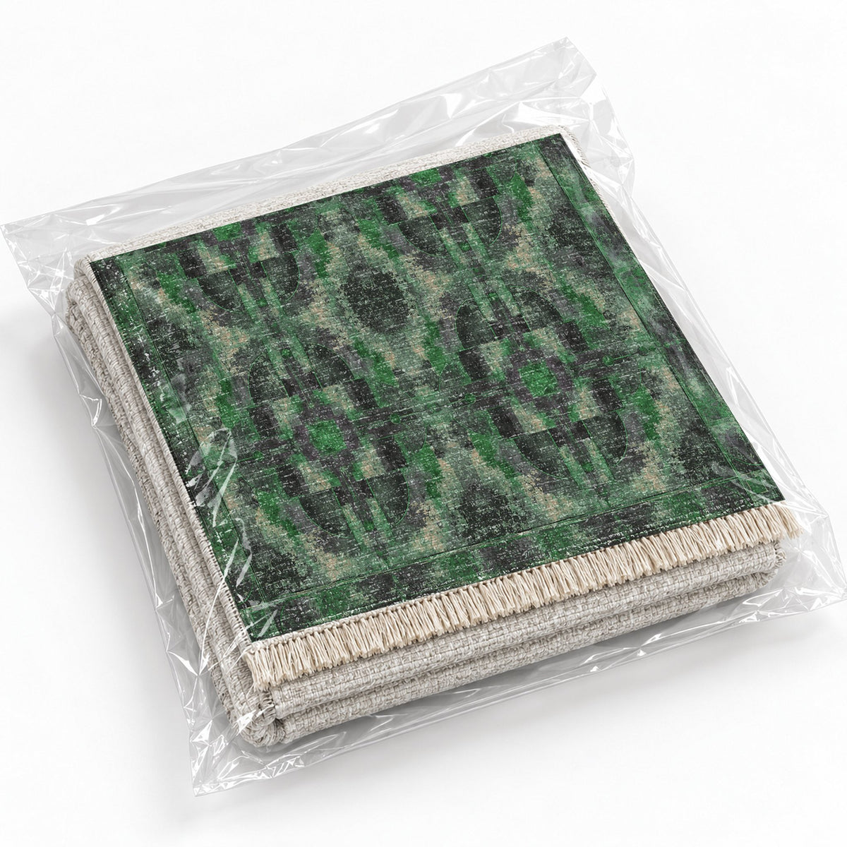 Foundry Patina Teal & Plum washable rug rolled and packaged